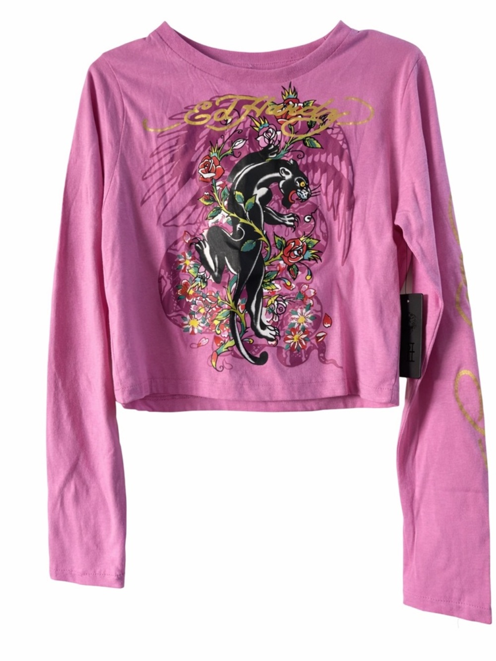 Ed Hardy Pink Long-Sleeve Graphic Crop Tee with Panther Motif
